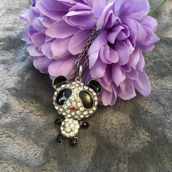 Silver Cute Large Panda Crystals Necklace - Picture 1 of 6